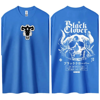 Black Clover Asta t-shirt in blue black with a black and white bull skull front emblem, pure cotton round neck design