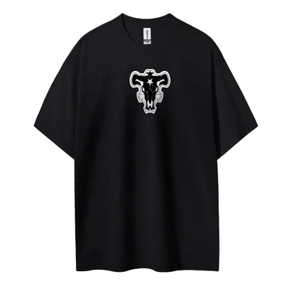 Black clover asta t-shirt in black pure cotton with round neck featuring white and gray black bull emblem graphic