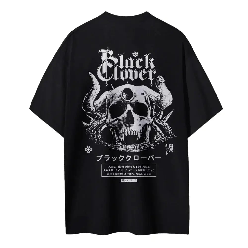 Black clover asta black t-shirt with skull horn graphic made of pure cotton with a round neck design