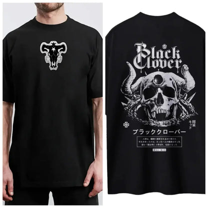 Black clover asta black t-shirt with white logo front and detailed skull design back pure cotton round neck