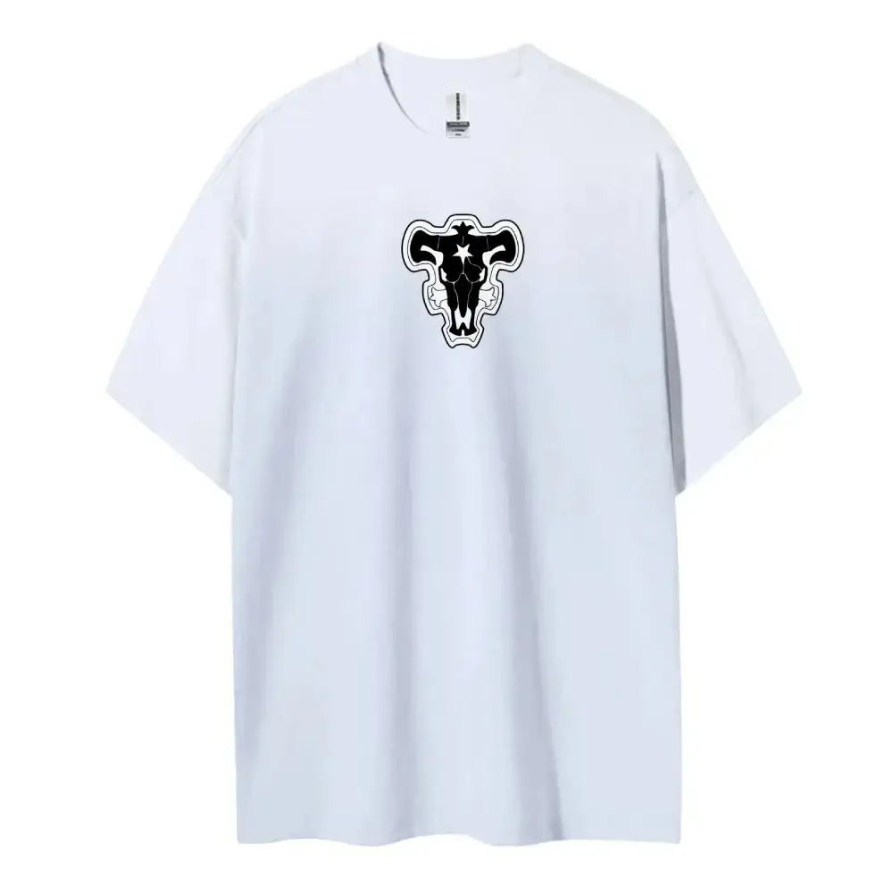 White oversized black clover t-shirt with black bulls logo in pure cotton round neck design