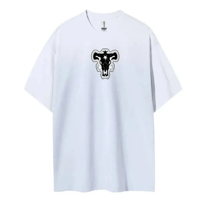 White oversized black clover t-shirt with black bulls logo in pure cotton round neck design