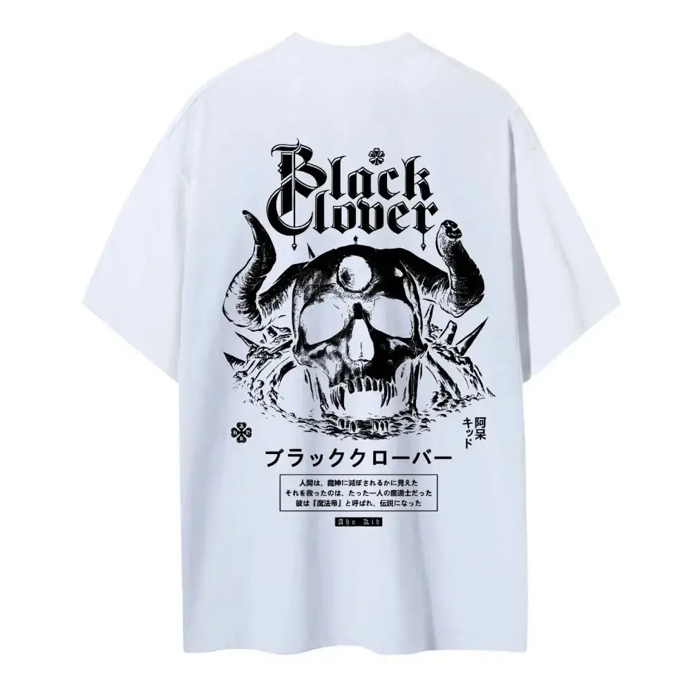 White pure cotton round neck t-shirt featuring black clover asta skull graphic with horns and japanese text