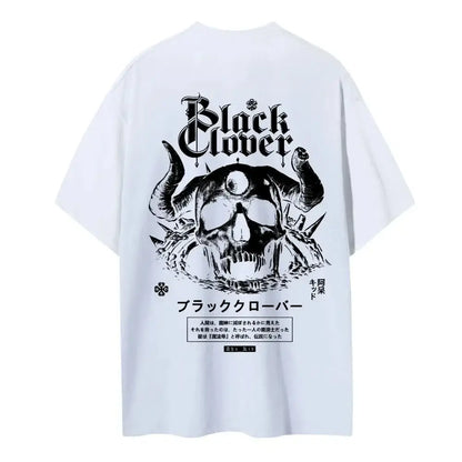 White pure cotton round neck t-shirt featuring black clover asta skull graphic with horns and japanese text