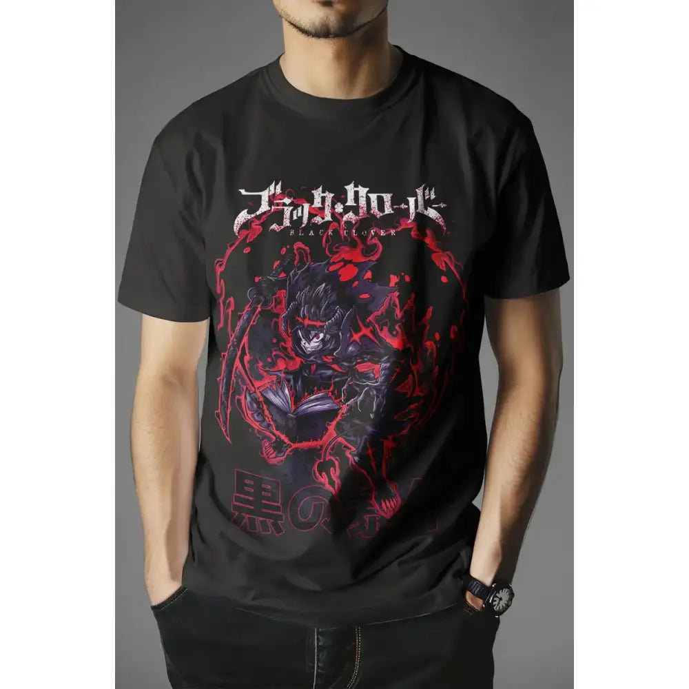 Black clover asta t-shirt featuring a bold red and black design with stylized japanese text on a black cotton tee