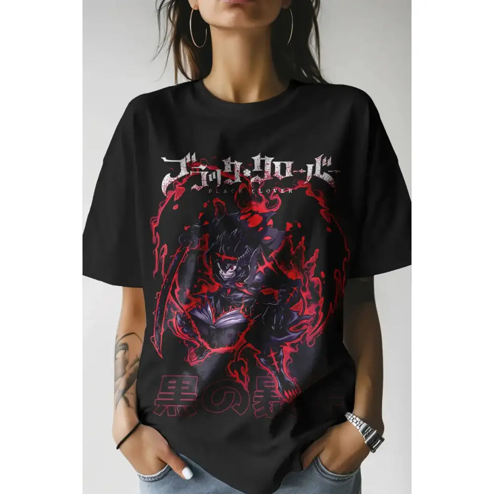 Black short-sleeved t-shirt featuring bold red and black black clover asta anime graphic with stylized japanese text