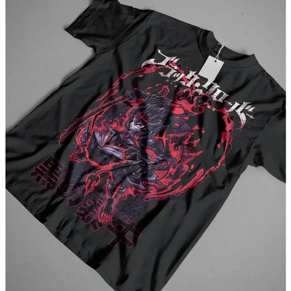 Black clover asta black short-sleeved t-shirt with dark skeletal graphic, red flames, and stylized japanese text design