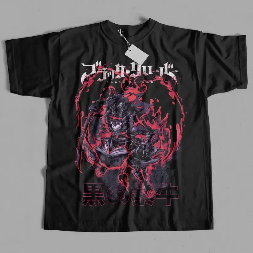 Black clover asta t-shirt in black featuring a vibrant red design of the black bull character with japanese text below