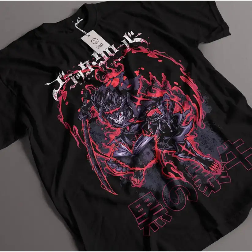Black clover asta black short-sleeved t-shirt with bold red design and fiery samurai graphic with ink splatter effects