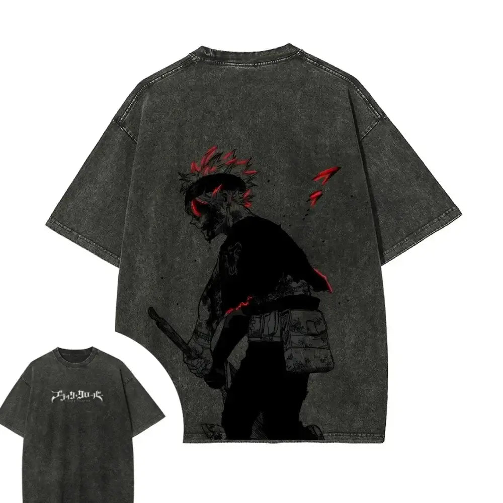 Dark gray distressed black clover short sleeve t-shirt with black and red anime graphic on washed cotton material
