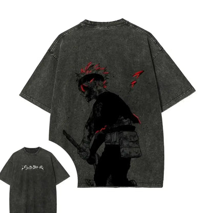 Dark gray distressed black clover short sleeve t-shirt with black and red anime graphic on washed cotton material