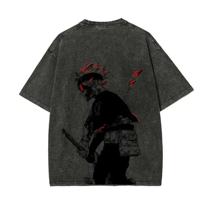 Dark gray distressed denim black clover asta t-shirt with black and red anime graphic made of washed cotton short sleeve