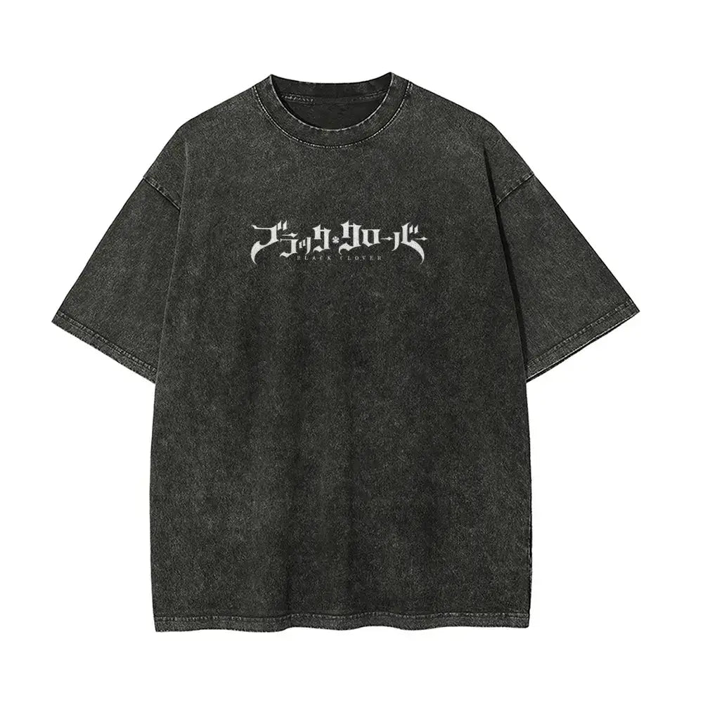 Black clover asta short sleeve t-shirt in black distressed washed cotton with white jujutsu kaisen graphic print