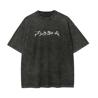 Black clover asta short sleeve t-shirt in black distressed washed cotton with white jujutsu kaisen graphic print