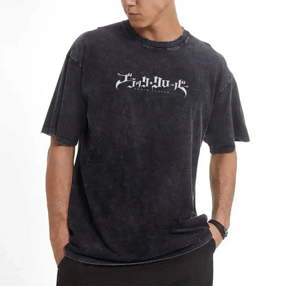 Black clover asta short sleeve t-shirt in distressed black washed cotton with white death note graphic print