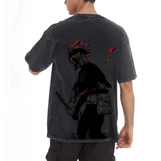 Black clover asta short sleeve t-shirt in black distressed washed cotton with bold red spiky hair anime graphic