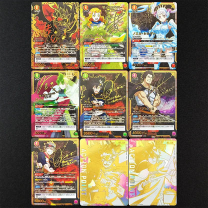 Set of nine vibrant glossy black clover japanese tcg trading cards with colorful character art and serial number details