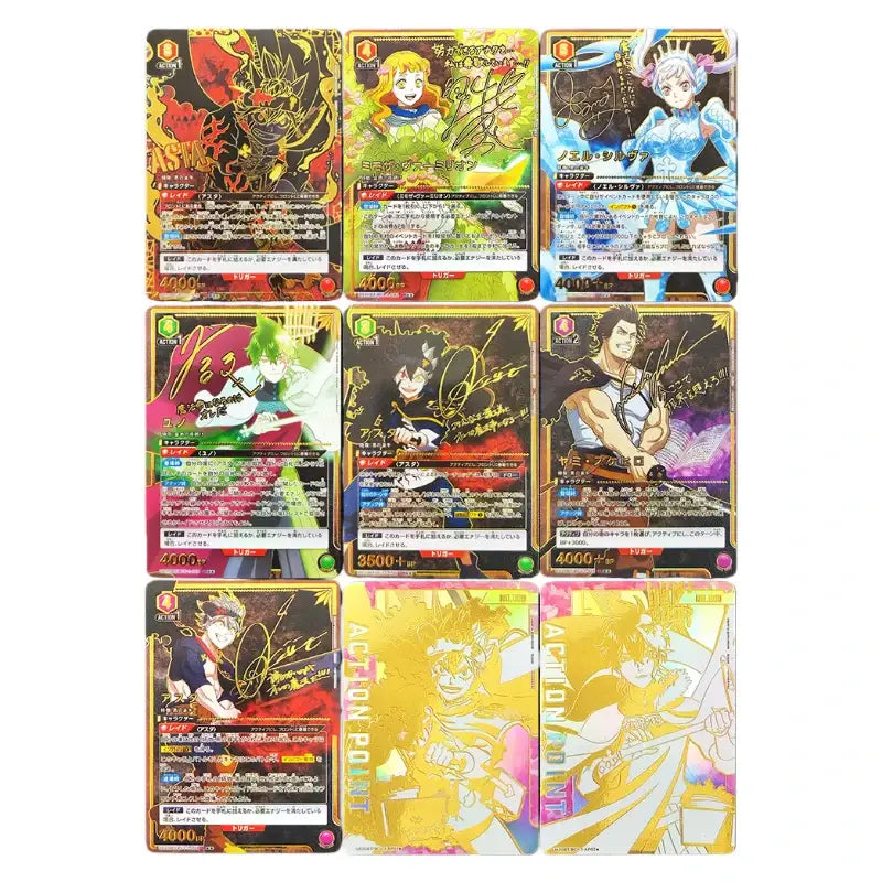 Nine black clover japanese tcg collectible trading cards with vibrant anime artwork and gold foil accents serial number visible