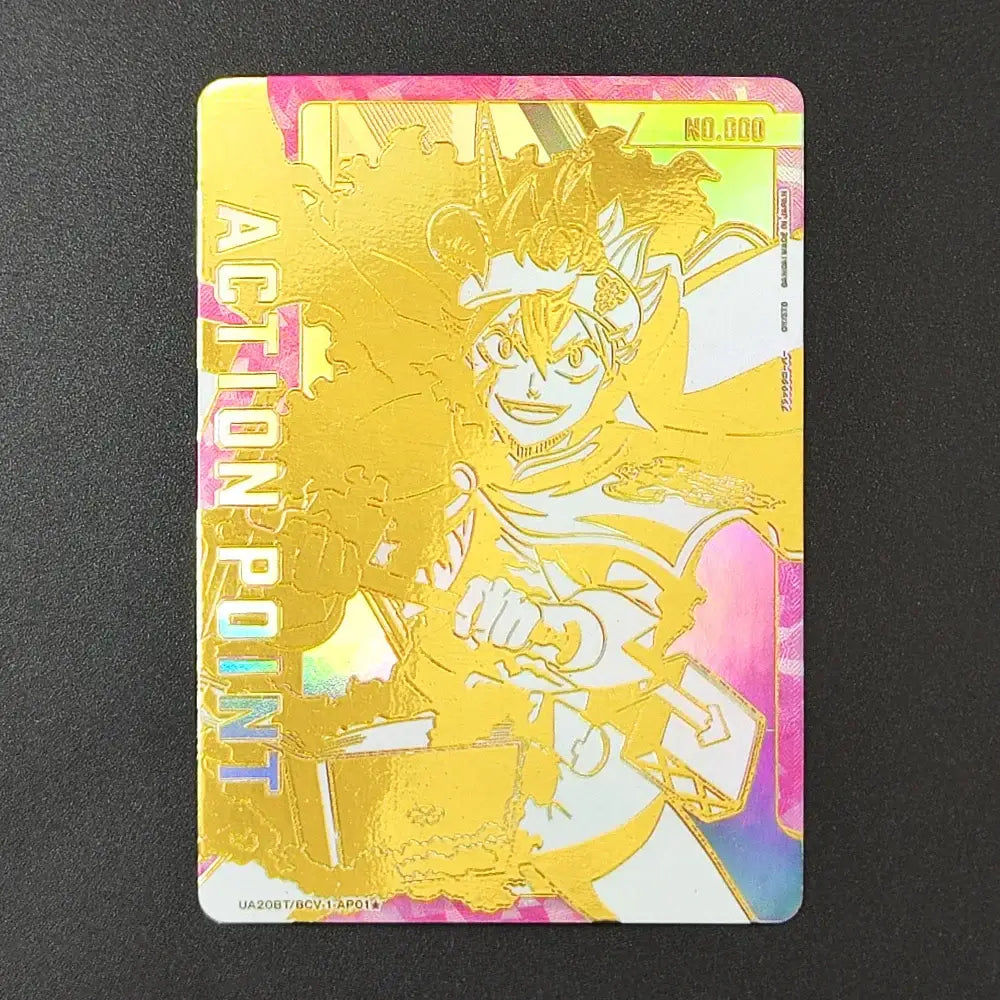 Golden foil black clover japanese tcg card featuring an anime character with crown and sword serial number visible