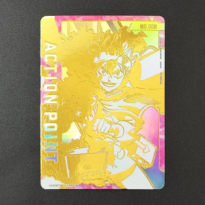 Golden foil black clover japanese tcg card featuring an anime character with crown and sword serial number visible