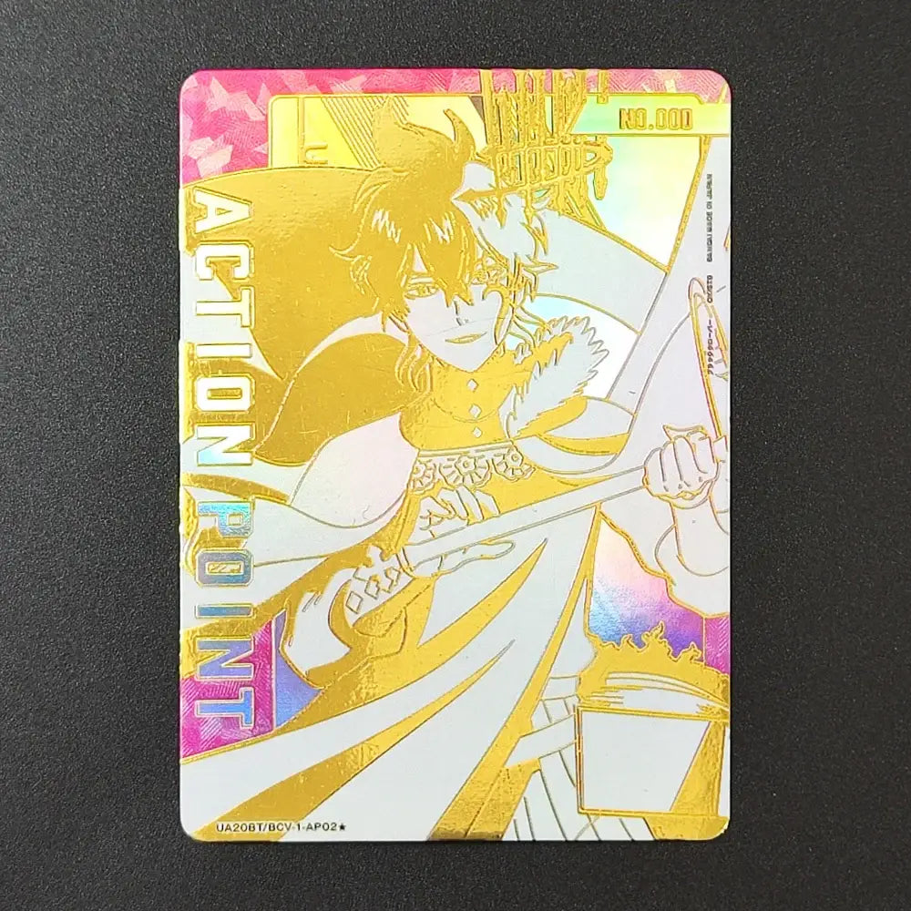 A shimmering gold and white holographic black clover japanese tcg trading card with serial number and action point text