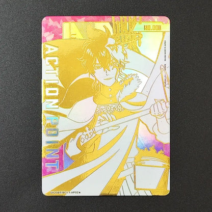 A shimmering gold and white holographic black clover japanese tcg trading card with serial number and action point text