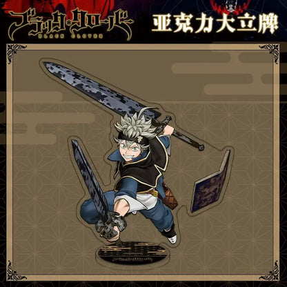 Black clover asta acrylic stand with spiky white hair and two swords on a clear figure plate with patterned background