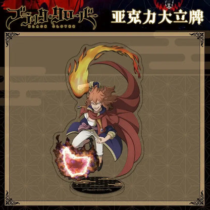 Black clover asta translucent acrylic stand with fiery magic effects and flowing red cape on clear figure plate