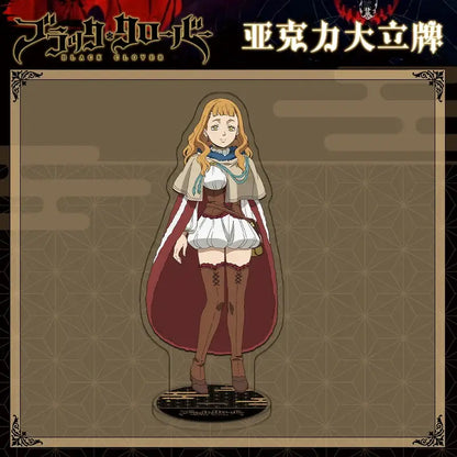 Clear acrylic stand of ymir from black clover in her signature outfit on a figure plate with beige cape and red lining