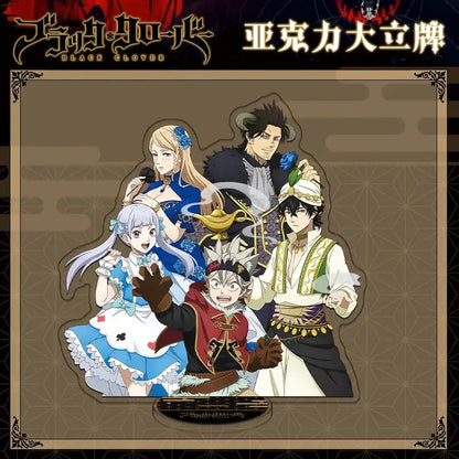 Black clover alicia acrylic standee featuring five characters in colorful costumes on a clear figure plate acrylic stand