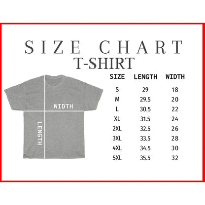Gray heathered t-shirt with black clover asta yuno size chart printed in black text for all sizes