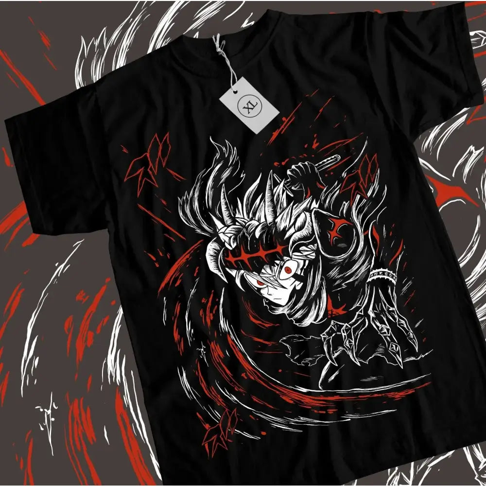 Black clover asta yuno black short-sleeved t-shirt with bold white and red anime warrior graphic and dynamic motion lines