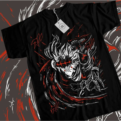 Black clover asta yuno black short-sleeved t-shirt with bold white and red anime warrior graphic and dynamic motion lines