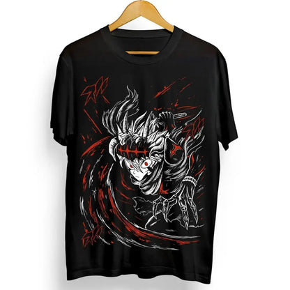 Black clover asta yuno black short-sleeved t-shirt with bold anime-style demon graphic in white and red accents