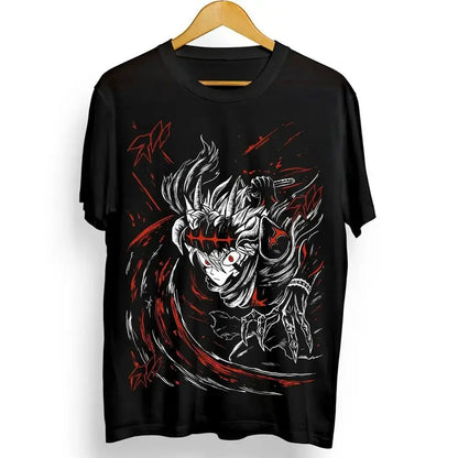 Black clover asta yuno t-shirt in black features a bold anime-style demon graphic with white and red accents