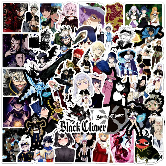 A collection of vibrant black clover doodle stickers in waterproof vinyl featuring detailed anime designs
