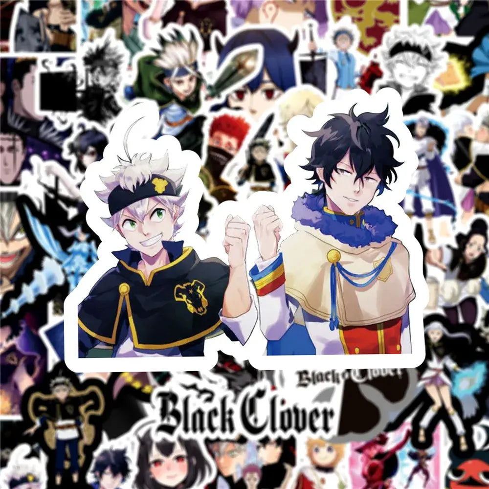 Black clover doodle sticker featuring two vibrant anime characters on waterproof vinyl decal with detailed design
