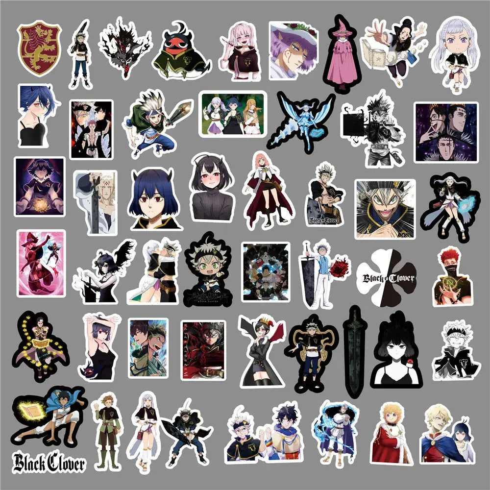 Black clover doodle sticker featuring asta yuno and logo in colorful waterproof vinyl for durable use