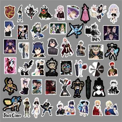 Black clover doodle sticker featuring asta yuno and logo in colorful waterproof vinyl for durable use