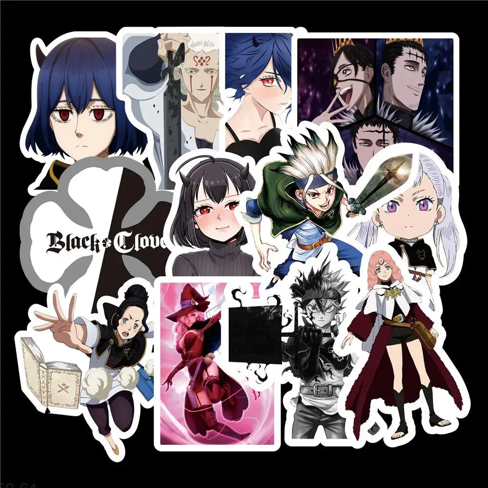 Black clover doodle sticker featuring vibrant anime art in multiple colors on waterproof vinyl decal material