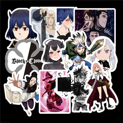 Black clover doodle sticker featuring vibrant anime art in multiple colors on waterproof vinyl decal material