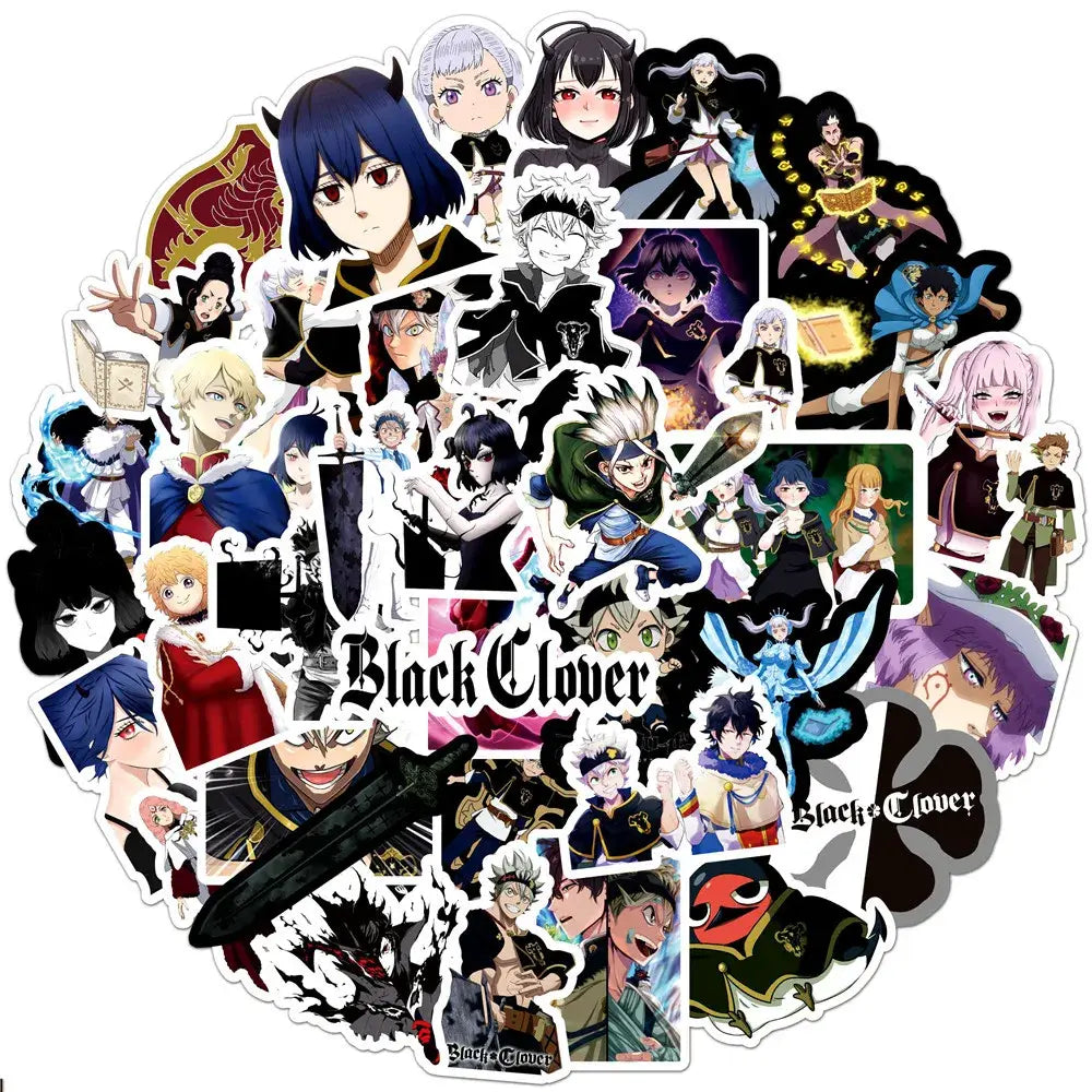 A collection of colorful black clover doodle stickers featuring anime characters in dynamic poses on waterproof vinyl