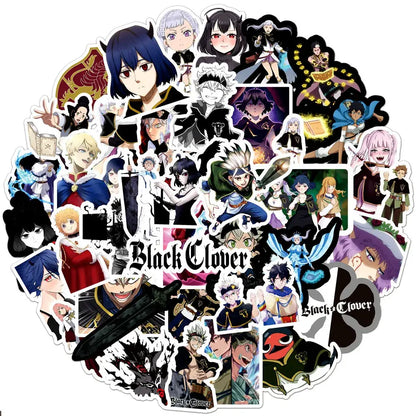 A collection of colorful black clover doodle stickers featuring anime characters in dynamic poses on waterproof vinyl