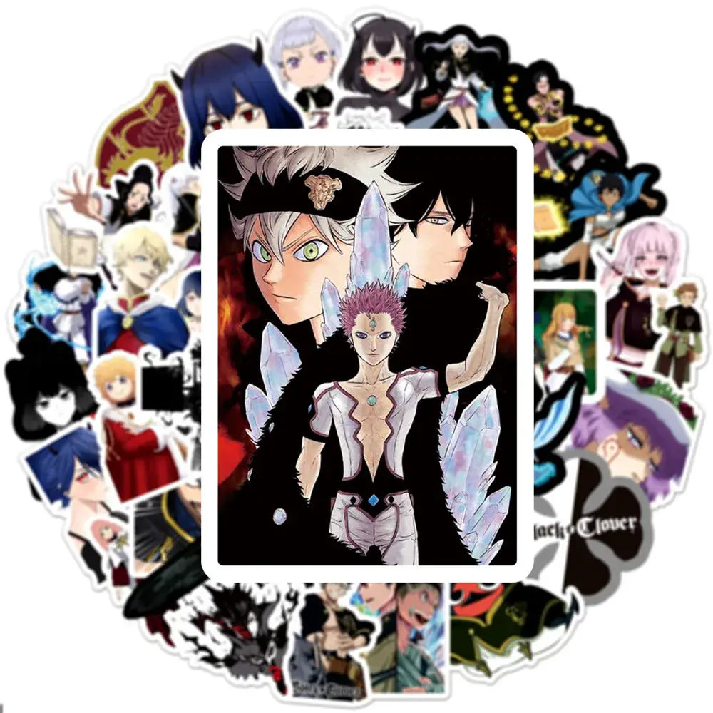A black clover doodle sticker featuring two characters in white and black attire with waterproof vinyl material