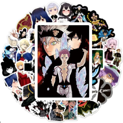 A black clover doodle sticker featuring two characters in white and black attire with waterproof vinyl material