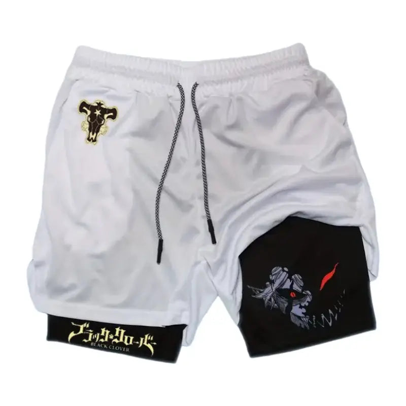 Black clover liebe double-layer shorts in white with black lining featuring embroidered character and gold waistband lettering