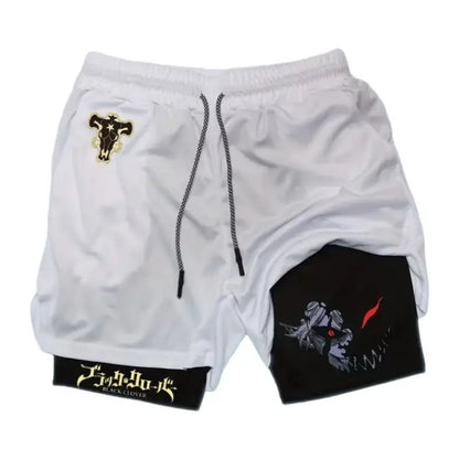 Black clover liebe double-layer shorts in white with black lining featuring embroidered character and gold waistband lettering