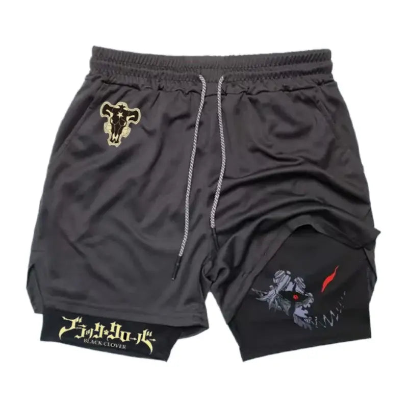 Black clover liebe double-layer black athletic shorts with gold clover emblem and red-eyed character graphic, quick-dry lightweight