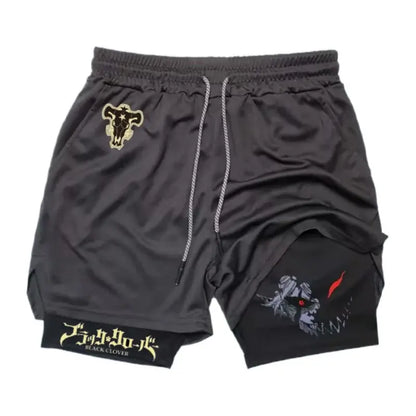 Black clover liebe double-layer black athletic shorts with gold clover emblem and red-eyed character graphic, quick-dry lightweight