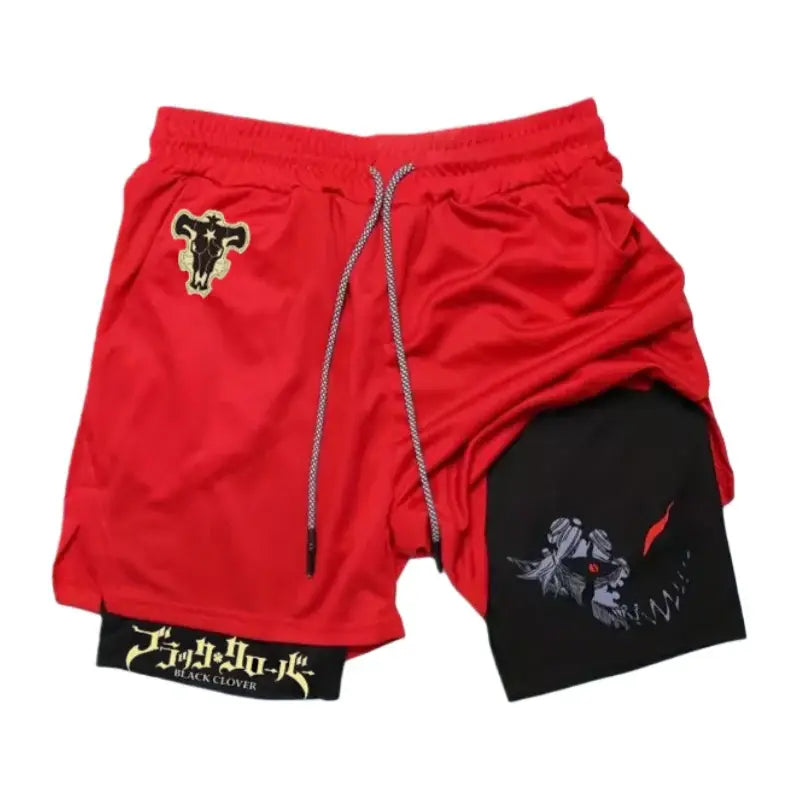 Red and black two-tone black clover liebe quick-dry lightweight athletic shorts with elastic waistband and clover logo patch